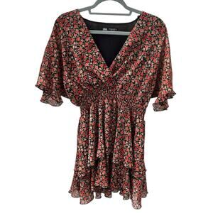 Zara Floral Tiered Ruffle Women’s Mini Dress Size Medium Orange Red Deep V-Neck